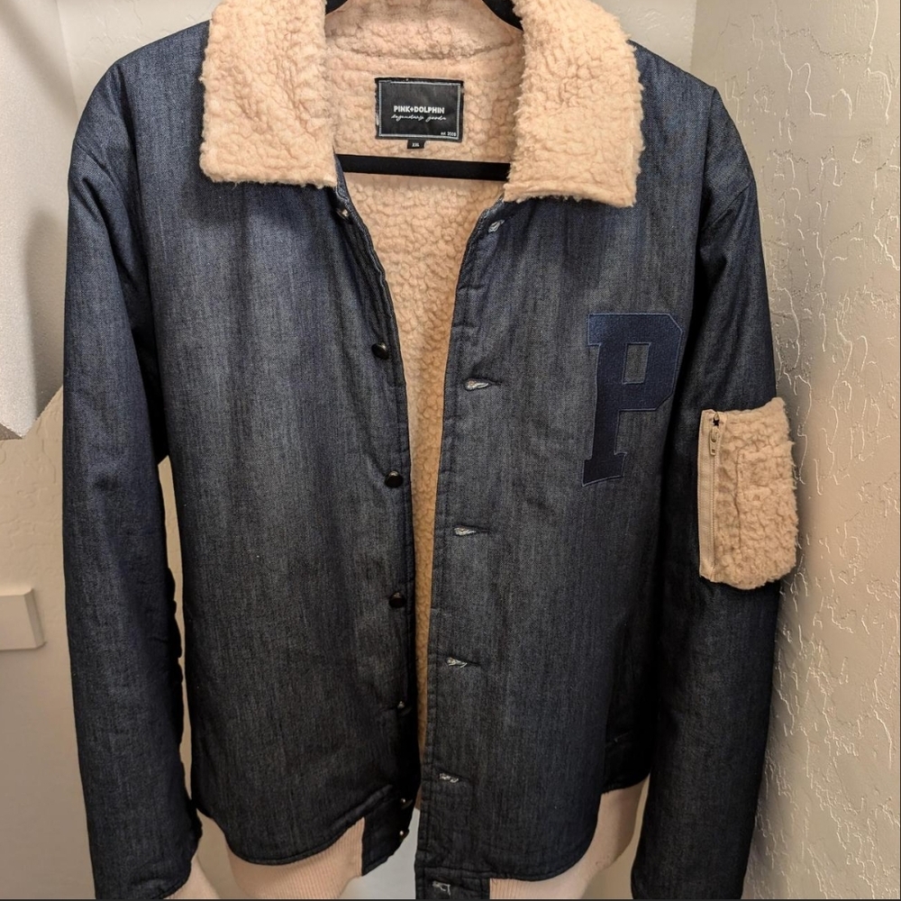 Pink Dolphin Blue Denim Jacket with Sherpa Lining